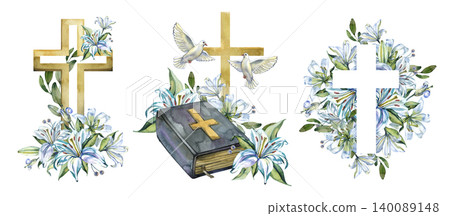 Watercolor Easter religious set with golden christian crosses, bible book, white lilies and flying doves. Hand drawn spiritual illustration for baptism invitations, church graphics, and communion 140089148