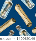 Watercolor seamless pattern featuring vintage glass bottles with corks containing rolled paper messages, arranged alongside separate old paper scrolls. A nautical, hand drawn illustration full of 140089149