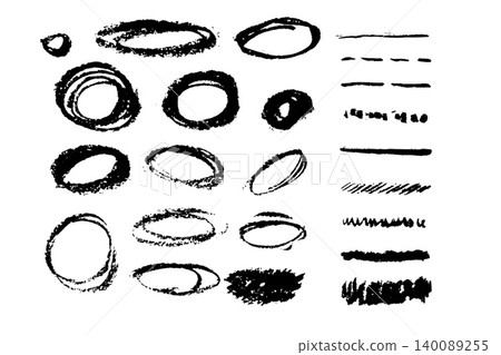 Grunge circle set, black brush stroke oval collection. Hand drawn rough line underline doodle, sketch element graphic. Grunge circle set, black brush stroke oval collection. Hand drawn rough line underline doodle, sketch element graphic. 140089255