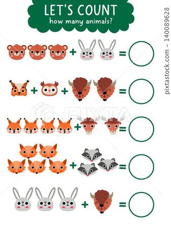 Counting game with cute forest animals heads. Woodland math addition activity for preschool children. Simple sums nature printable worksheet for kids with bear, hare, lynx, owl, squirrel, fox Counting game with cute forest animals heads. Woodland math addition activity for preschool children. Simple sums nature printable worksheet for kids with bear, hare, lynx, owl, squirrel, fox 140089628
