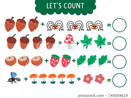 Counting game with cute forest symbols. Woodland math addition activity for preschool children. Simple sums nature printable worksheet for kids with cone, acorn, mushroom, leaf, flower 140089629