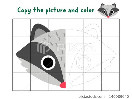 Complete raccoon face. Vector symmetrical drawing practice worksheet. Printable woodland coloring activity for kids. Draw the second half. Copy picture game with cute forest animal head Complete raccoon face. Vector symmetrical drawing practice worksheet. Printable woodland coloring activity for kids. Draw the second half. Copy picture game with cute forest animal head 140089640