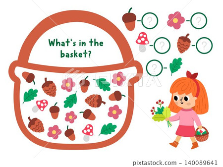 Forest I spy game for kids. Searching and counting activity shaped as basket with girl, cones, acorns, leaves, mushrooms. Woodland printable worksheet for children. Simple spotting puzzle Forest I spy game for kids. Searching and counting activity shaped as basket with girl, cones, acorns, leaves, mushrooms. Woodland printable worksheet for children. Simple spotting puzzle 140089641
