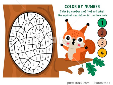 Vector forest color by number activity with squirrel sitting on oak twig. Woodland black and white counting or colouring game, coloring page for kids with tree hollow with acorn inside Vector forest color by number activity with squirrel sitting on oak twig. Woodland black and white counting or colouring game, coloring page for kids with tree hollow with acorn inside 140089645