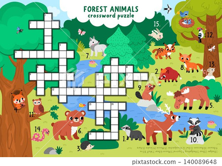 Vector forest animals crossword puzzle for kids. Quiz with woodland scene. Cute wildlife nature educational cross word activity with nature landscape and fox, wolf, elk, deer, bear, owl Vector forest animals crossword puzzle for kids. Quiz with woodland scene. Cute wildlife nature educational cross word activity with nature landscape and fox, wolf, elk, deer, bear, owl 140089648