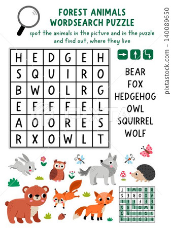 Vector forest animals word search puzzle for kids. Woodland wordsearch quiz. Cute wildlife nature educational nature cross word activity with fox, wolf, bear, hedgehog, squirrel, hare Vector forest animals word search puzzle for kids. Woodland wordsearch quiz. Cute wildlife nature educational nature cross word activity with fox, wolf, bear, hedgehog, squirrel, hare 140089650