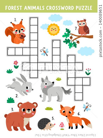 Vector forest animals crossword puzzle for kids. Woodland quiz with squirrel, owl, hare. Cute wildlife nature educational cross word activity with fox, wolf, bear, hedgehog Vector forest animals crossword puzzle for kids. Woodland quiz with squirrel, owl, hare. Cute wildlife nature educational cross word activity with fox, wolf, bear, hedgehog 140089651