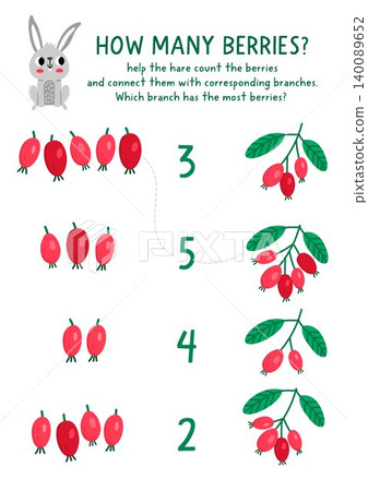 Match the numbers forest nature game with gooseberry and twig. Woodland plant math activity for preschool kids. Wildlife educational counting worksheet with red berries Match the numbers forest nature game with gooseberry and twig. Woodland plant math activity for preschool kids. Wildlife educational counting worksheet with red berries 140089652