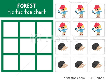 Vector forest tic tac toe chart with cute animal. Woodland board game playing field with hedgehog and boy explorer. Funny printable worksheet. Wildlife nature noughts and crosses grid Vector forest tic tac toe chart with cute animal. Woodland board game playing field with hedgehog and boy explorer. Funny printable worksheet. Wildlife nature noughts and crosses grid 140089654