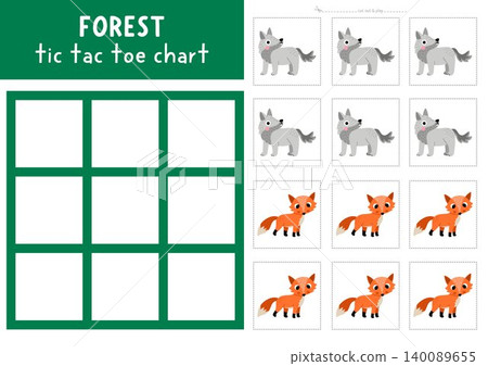 Vector forest tic tac toe chart with cute animal. Woodland board game playing field with wolf and fox. Funny printable worksheet. Wildlife nature noughts and crosses grid Vector forest tic tac toe chart with cute animal. Woodland board game playing field with wolf and fox. Funny printable worksheet. Wildlife nature noughts and crosses grid 140089655