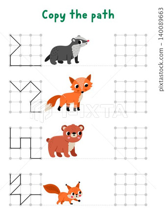 Forest animals drawing, writing, tracing, space orientation activity for kids with badger, fox, bear. Draw lines in square box according example. Woodland nature printable game, puzzle Forest animals drawing, writing, tracing, space orientation activity for kids with badger, fox, bear. Draw lines in square box according example. Woodland nature printable game, puzzle 140089663