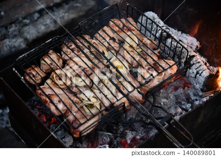 Modern style traditional smoked barbecue wagyu beef brisket served as top view on a wooden design cutting board with Louisiana Modern style traditional smoked barbecue wagyu beef brisket served as top view on a wooden design cutting board with Louisiana 140089801