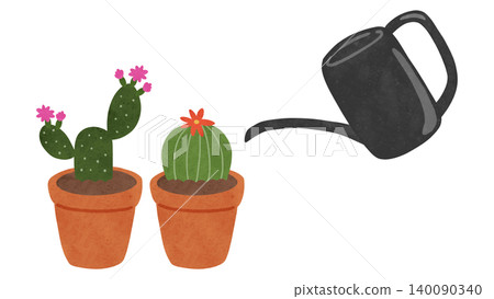 A hand-drawn watercolor-style illustration of a flowering round cactus, a prickly pear cactus, and a black watering can. A hand-drawn watercolor-style illustration of a flowering round cactus, a prickly pear cactus, and a black watering can. 140090340