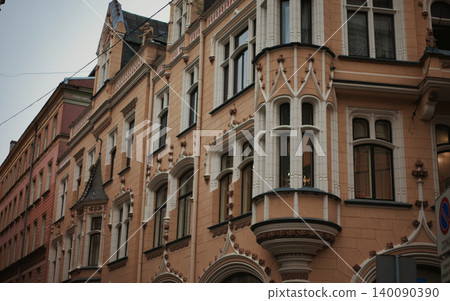 Ornate Art Nouveau Building Facade with Elegant Bay Ornate Art Nouveau Building Facade with Elegant Bay 140090390