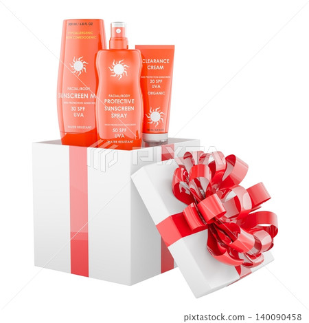 Sunscreen gift set with red ribbon. 3D rendering Sunscreen gift set with red ribbon. 3D rendering 140090458