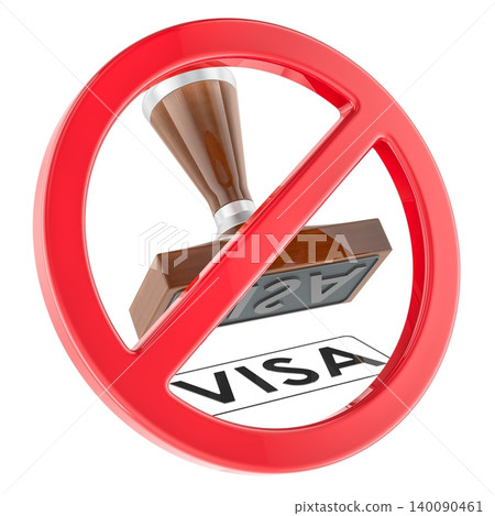 Visa restriction stamp with red prohibition sign. 3D rendering Visa restriction stamp with red prohibition sign. 3D rendering 140090461