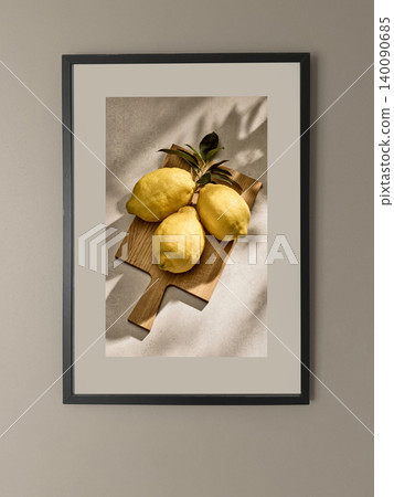 Black Poster Frame Mockup on Neutral Wall with Lemon Still Life Art 140090685