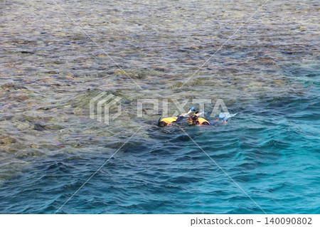 Two people snorkeling over a vibrant coral reef in clear blue ocean water Two people snorkeling over a vibrant coral reef in clear blue ocean water 140090802