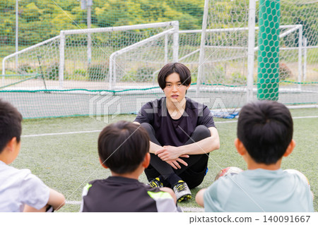 Boys having a meeting with their soccer coach Boys having a meeting with their soccer coach 140091667