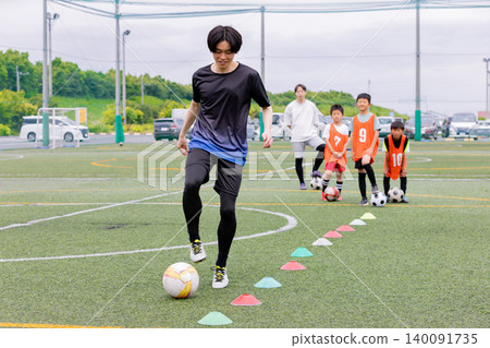 A male coach and some boys giving dribbling instruction during futsal practice. A male coach and some boys giving dribbling instruction during futsal practice. 140091735
