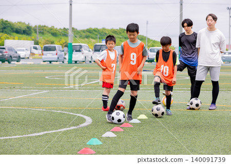 A male coach and some boys giving dribbling instruction during futsal practice. 140091739