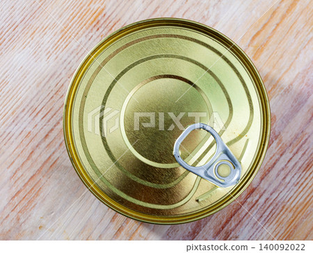 View of closed silver tin can for food 140092022