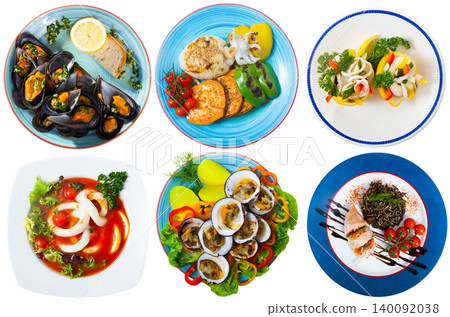 Different dishes with seafood served at plates isolated on white background 140092038