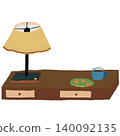 Handdrawn desk, coffee , lamp and cookies 140092135
