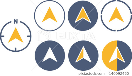 A set of icon materials for a round compass with a triangular needle pointing north. A set of icon materials for a round compass with a triangular needle pointing north. 140092460