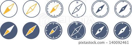 A set of icons featuring various designs of a round, tilted compass. A set of icons featuring various designs of a round, tilted compass. 140092461