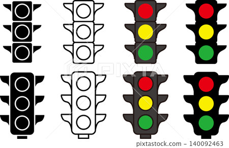 A set of icons featuring black traffic lights with roofs and lights arranged vertically on either side. A set of icons featuring black traffic lights with roofs and lights arranged vertically on either side. 140092463