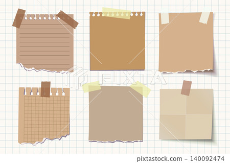 Set of torn notebook paper and sticky notes with tape on grid background 140092474