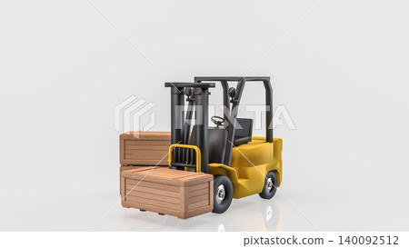 Yellow Forklift Moving Wooden Cargo Crates 3d Render. Yellow Forklift Moving Wooden Cargo Crates 3d Render. 140092512