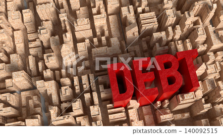 Red Debt Text Rising Above City Maze 3d render. 140092515