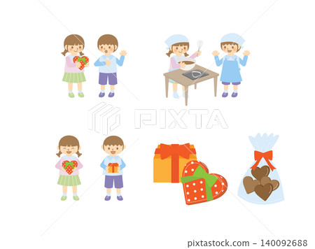 Valentine's Day illustration set for children, chocolate making, and gifts. 140092688