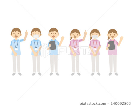 Illustration set of male and female caregivers - 6 poses - light blue and pink scrubs 140092803