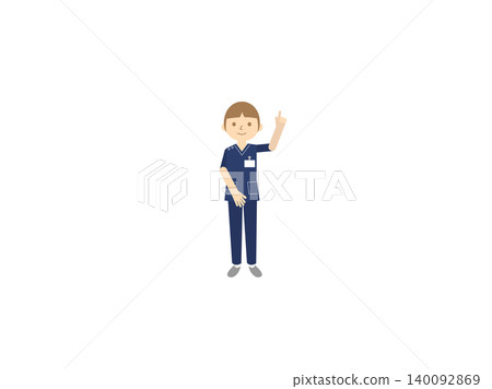 男護士插圖,擺出指向的姿勢,身穿海軍藍手術服,戴姓名牌。 男護士插圖,擺出指向的姿勢,身穿海軍藍手術服,戴姓名牌。 140092869