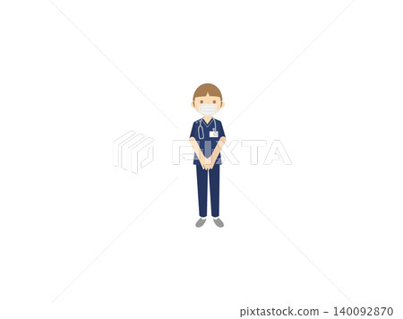 插圖描繪了一名戴著口罩、聽診器和深藍色手術服的男護士。 插圖描繪了一名戴著口罩、聽診器和深藍色手術服的男護士。 140092870