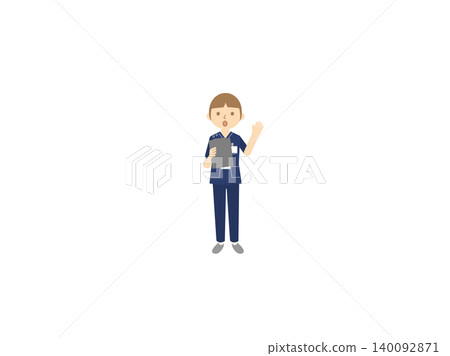 圖:一名男護士,手持寫字板,擺出揮手的姿勢,身穿海軍藍手術服。 圖:一名男護士,手持寫字板,擺出揮手的姿勢,身穿海軍藍手術服。 140092871