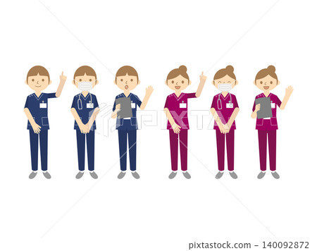一組男女護士插畫 - 6 種姿勢 - 海軍藍和酒紅色手術服 一組男女護士插畫 - 6 種姿勢 - 海軍藍和酒紅色手術服 140092872