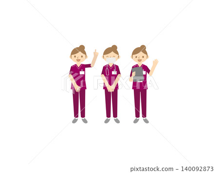 一組女護士插畫—3種姿勢—酒紅色手術服和聽診器 一組女護士插畫—3種姿勢—酒紅色手術服和聽診器 140092873