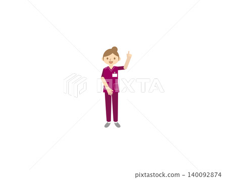 Illustration of a female nurse, pointing pose, wine-red scrubs, and name tag. Illustration of a female nurse, pointing pose, wine-red scrubs, and name tag. 140092874