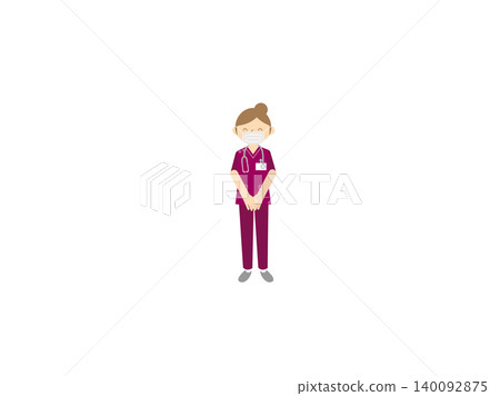 插圖描繪了一位戴著口罩、手持聽診器、身穿酒紅色手術服的女護士。 插圖描繪了一位戴著口罩、手持聽診器、身穿酒紅色手術服的女護士。 140092875