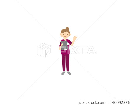 圖解:女護士,手持寫字板,擺出揮手的姿勢,身穿酒紅色手術服。 圖解:女護士,手持寫字板,擺出揮手的姿勢,身穿酒紅色手術服。 140092876