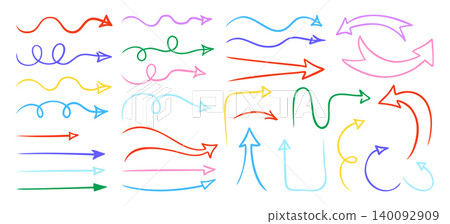 Hand drawn arrow icon set doodle sketch curved swirly looped straight directional signs collection. 140092909