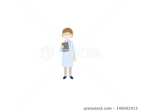 插圖描繪了一位戴著口罩、拿著寫字板、穿著白大褂、拿著聽診器的男醫師。 插圖描繪了一位戴著口罩、拿著寫字板、穿著白大褂、拿著聽診器的男醫師。 140092913