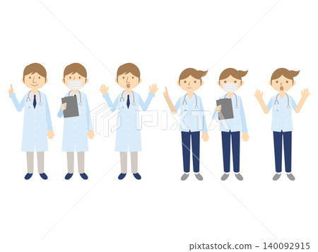 一組男女醫生插畫──6種姿勢──白大褂、手術服──聽診器 一組男女醫生插畫──6種姿勢──白大褂、手術服──聽診器 140092915