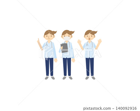 一組女醫師插畫:3 個姿勢,手術服,聽診器。 一組女醫師插畫:3 個姿勢,手術服,聽診器。 140092916