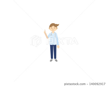女醫師的插圖,擺出指向的姿勢,身穿手術服,手持聽診器。 女醫師的插圖,擺出指向的姿勢,身穿手術服,手持聽診器。 140092917