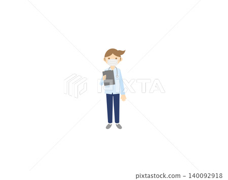 插圖描繪了一位戴著口罩、手持寫字板、身穿手術服、手持聽診器的女醫師。 插圖描繪了一位戴著口罩、手持寫字板、身穿手術服、手持聽診器的女醫師。 140092918